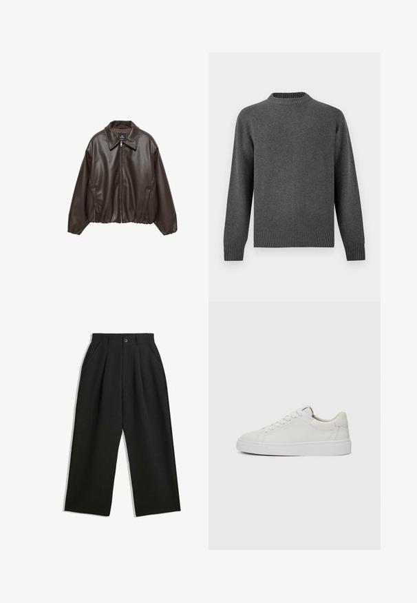 Bruine neplederen jas met een rits aan de voorkant, brede kraag en opgeblazen mouwen. Heeft een geribde zoom en een gladde textuur.; Grijze gebreide trui met een ronde hals, lange mouwen en ribgebreide manchetten en zoom. Zachte textuur met een gladde afwerking. Eenvoudig, modern ontwerp.; Zwarte broeken met een relaxte pasvorm, voorzien van plooien aan de voorzijde, zijzakken en een knoopsluiting. Gemaakt van textiel met structuur.; Witte leren lage sneakers met een ronde neus, platte witte rubberen zool en minimalistische stikseldetails. Veters vastgemaakt via zes oogjes.