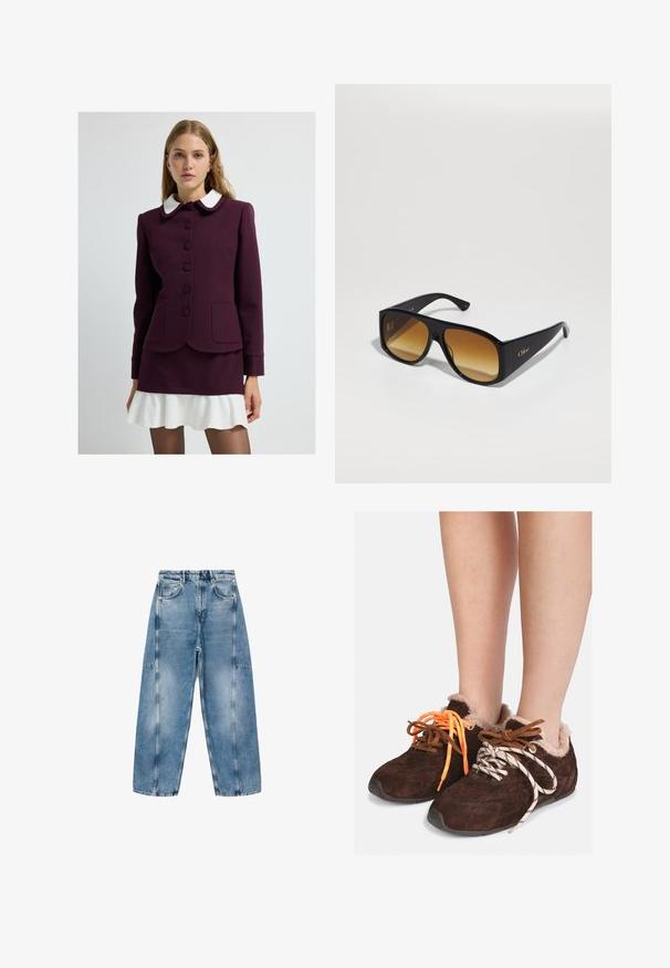 Giacca bordeaux con colletto bianco, sette bottoni, due tasche frontali e polsini strutturati. Abbinata a una mini gonna bianca a campana.; Maglione grigio corto realizzato in materiale morbido e peluche. Presenta maniche lunghe e un collo tondo, con una texture liscia e leggera.; T-shirt bianco a maniche corte realizzato in morbido cotone, con scollatura rotonda e un fit rilassato con dettagli orlo arrotolato. Senza fantasie né accenti.; I jeans in denim azzurro chiaro presentano una vestibilità rilassata, ampie tasche e cuciture a contrasto. Il tessuto ha una finitura scolorita con una texture liscia.; Scarpe slip-on in suede marrone con fodera in pelliccia, indossate a piedi nudi, con lacci di colori assortiti: uno arancione e uno bianco con strisce nere.; Occhiali da sole neri a forma rettangolare con lenti sfumate marroni. Realizzati in plastica, presentano una superficie liscia e un sottile logo dorato sulla tempia.