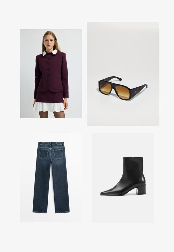 Bordeauxrote Jacke mit weißem Kragen, sieben Knöpfen, zwei Vordertaschen und strukturierten Manschetten. Kombiniert mit einem ausgestellten weißen Minirock.; Weißes Hemd mit vertikalen hellgrauen Streifen, Kentkragen, langen Ärmeln und lockerer Passform. Aus leichtem Stoff gefertigt.; Dunkelblaue Jeans im geraden Schnitt, mit zwei Gesäßtaschen und sichtbaren Nähten entlang der Nähte und Säume.; Schwarze Lederschnürstiefelette mit spitzer Zehenform, glatter Textur und mittelhohem Blockabsatz. Minimalistisches Design, Reißverschluss hinten.; Schwarze rechteckige Sonnenbrille mit braunen Verlaufslinsen. Hergestellt aus Plastik, mit einer glatten Oberfläche und einem dezenten goldenen Logo am Bügel.