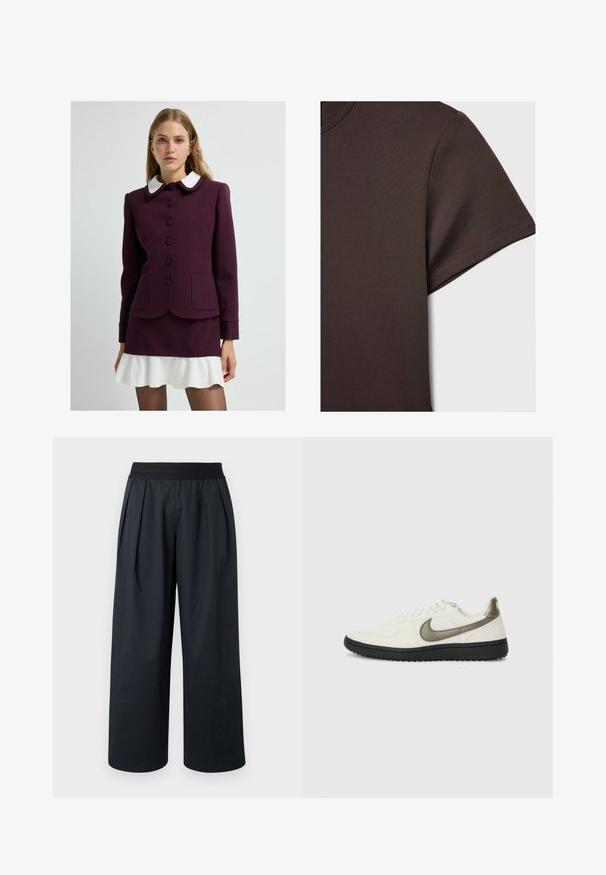 Bordeauxrote Jacke mit weißem Kragen, sieben Knöpfen, zwei Vordertaschen und strukturierten Manschetten. Kombiniert mit einem ausgestellten weißen Minirock.; Dunkelbraunes Kurzarm-T-Shirt aus glattem, dehnbarem Material, mit klassischem Rundhalsausschnitt und sauberen Nähdetails.; Schwarze Hose mit weitem Bein, plissiertem Vorderteil, elastischem Bund und glatter Stofftextur. Verfügt über eine lockere Passform und eine verkürzte Länge.; Nike Sportswear FIELD GENERAL - Sneaker low - off-white/black