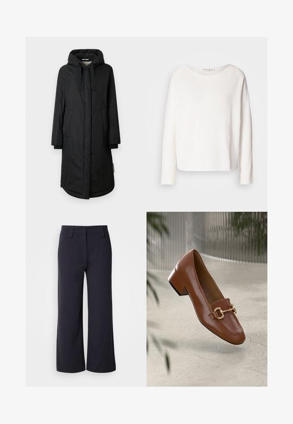 Czarna izolowana kurtka z kapturem, długimi rękawami, bocznymi kieszeniami i ściągaczami na mankietach; charakteryzuje się gładką fakturą i zapięciem na guziki z przodu.; Długi rękaw, okrągły dekolt, bluzka z miękkiego, lekkiego białego materiału o luźnym kroju. Posiada czysty dół i brak widocznych elementów metalowych.; Spodnie o szerokich nogawkach w ciemnonawowym materiale. Posiadają płaski przód, szlufki na pasek oraz kieszenie boczne. Materiał jest gładki z lekkim streczem.; Brązowe lakierowane mokasyny z kwadratowym noskiem, metalowym łańcuszkiem i niskim blokowym obcasem; gładka faktura, minimalistyczny design.