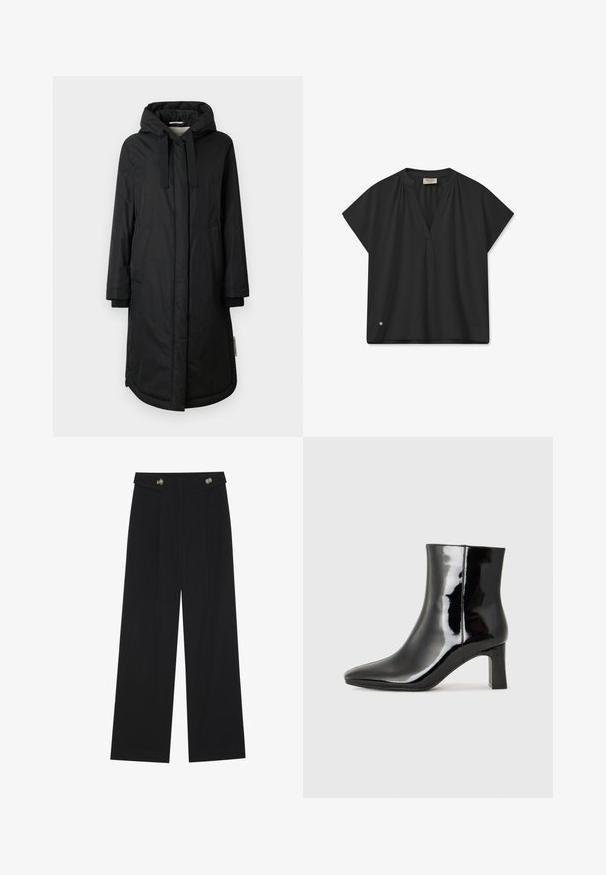 Czarna izolowana kurtka z kapturem, długimi rękawami, bocznymi kieszeniami i ściągaczami na mankietach; charakteryzuje się gładką fakturą i zapięciem na guziki z przodu.; Czarna bluzka z krótkim rękawem i dekoltem w serek, z marszczeniami na ramionach oraz subtelnym logo na dolnej krawędzi. Gładka tekstura.; Czarne szerokie spodnie z wysokim stanem, z detalami w postaci guzików na pasku oraz plisami z przodu.; Czarne lakierowane botki za kostkę z wysmukłym noskiem i średniej wysokości obcasem w kształcie słupka. Gładka tekstura i minimalistyczny design.
