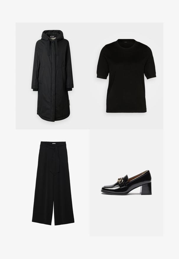 Cappotto imbottito nero con cappuccio, maniche lunghe, tasche laterali e polsini a coste; presenta una texture liscia e una chiusura frontale con bottoni.; Maglione nero a maniche corte con scollatura rotonda, tessuto a maglia liscia e vestibilità attillata, con polsini e orlo a coste per una finitura pulita.; Pantaloni neri a gamba larga caratterizzati da un tessuto testurizzato, una vita elastica e una cintura staccabile per una vestibilità regolabile.; Mocassini neri in vernice con tacco, caratterizzati da una punta arrotondata, un tacco più robusto e un'imbellitura in metallo dorato sulla fascia anteriore.