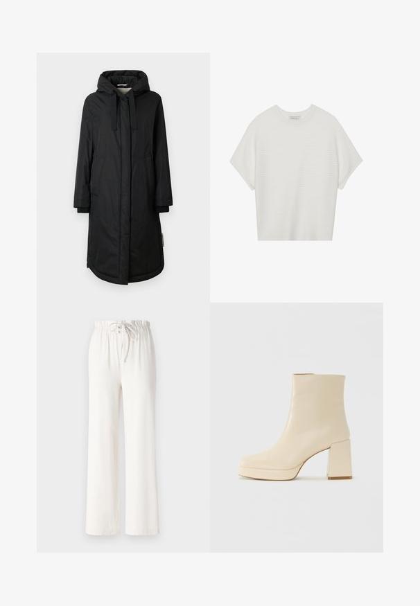 Black insulated coat with a hood, long sleeves, side pockets, and ribbed cuffs; features a smooth texture and a buttoned front closure.; White short-sleeve t-shirt with a wide crew neck and textured ribbed pattern, made of soft fabric, featuring a relaxed fit and a clean design.; White wide-leg pants made of soft fabric, featuring a drawstring waist and smooth texture. No patterns or embellishments visible.; Beige leather ankle boot with block heel and platform sole, smooth finish, and slightly squared toe facing left on white background.