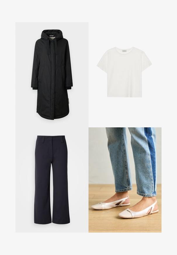 Zwarte geïsoleerde jas met een capuchon, lange mouwen, zijzakken en geribde manchetten; heeft een gladde textuur en een knoopsluiting aan de voorkant.; Witte T-shirt met korte mouwen, gemaakt van zachte katoen. Heeft een ronde halslijn en een relaxte pasvorm. Schoon ontwerp zonder zichtbare patronen of accenten.; Wijd-zittende broek in donkerblauwe stof. Heeft een vlakke voorkant, riemlussen en zijzakken. Het materiaal is glad met een lichte stretch.; Zachtroze slingback ballerina's met een spitse neus, gemaakt van een glad leerachtig materiaal. Bevat uitsnijdingen aan de zijkanten en heeft een platte hak.