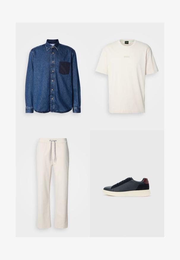 Camisa de ganga de manga longa em azul escuro com fecho frontal de botões, bainha arredondada e um bolso de remendo no lado esquerdo do peito. Apresenta botões castanhos.; BOSS TEE - T-shirt básica - open white; Calças casuais de cor cremosa com cintura elástica e pernas retas, exibidas sobre um fundo branco liso.; Sapatilha baixa masculina em couro preto e camurça com aba de calcanhar em amarelo-escuro e sola de borracha branca, vista do lado exterior.