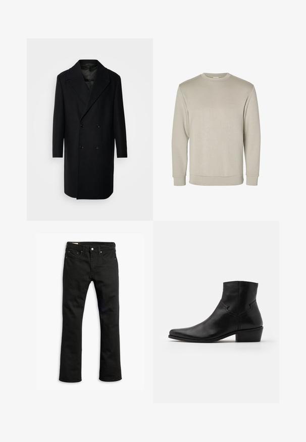 Isaac Dewhirst OVERSIZED COAT - Klasikinis paltas - black; Šviesiai rudas ilgomis rankovėmis megztinis su apvalia iškirpte, pagamintas iš švelnios medžiagos, su raštuotais rankogaliais ir apatine dalimi, lygia tekstūra ir minimalistišku dizainu.; Juodos džinsinės kelnės su tiesiu kirpimu, penkiomis kišenėmis, metaliniu užsegimu ir subtiliomis siuvimo detalėmis. Lygus paviršius ir vientisa spalva.; Juodi odiniai auliniai batai iki kulkšnies su smailiu nosiu, minimaliais siuvimo akcentais, vidutinio aukščio blokuotu kulnu ir lygia, blizgia danga.