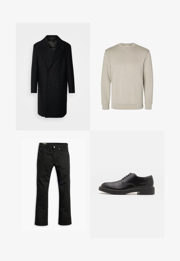 Isaac Dewhirst OVERSIZED COAT - Klasikinis paltas - black; Šviesiai rudas ilgomis rankovėmis megztinis su apvalia iškirpte, pagamintas iš švelnios medžiagos, su raštuotais rankogaliais ir apatine dalimi, lygia tekstūra ir minimalistišku dizainu.; Juodos džinsinės kelnės su tiesiu kirpimu, penkiomis kišenėmis, metaliniu užsegimu ir subtiliomis siuvimo detalėmis. Lygus paviršius ir vientisa spalva.; Juodas odinis batų modelis su raišteliais, apvaliu nosiu, lygiu paviršiumi, minimaliai siuvinėjimu ir žemu guminėmis pakulne. Ant pakulnės šalia logo.