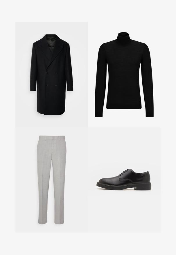 Isaac Dewhirst OVERSIZED COAT - Klassischer Mantel - black; Schwarzer Rollkragenpullover aus weichem Material mit langen Ärmeln und enger Passform. Rippbesatz am Saum und an den Bündchen. Einfaches Design.; Hellgraue Hose mit glatter Textur, flachem Front und geraden Beinen. Aus atmungsaktivem Material gefertigt, mit Innentaschen und Gürtelschlaufen.; Schwarzer Leder-Schnürschuh mit abgerundetem Zeh, glatter Textur, minimaler Naht und niedrigem Gummiabsatz. Logo auf der Ferse.