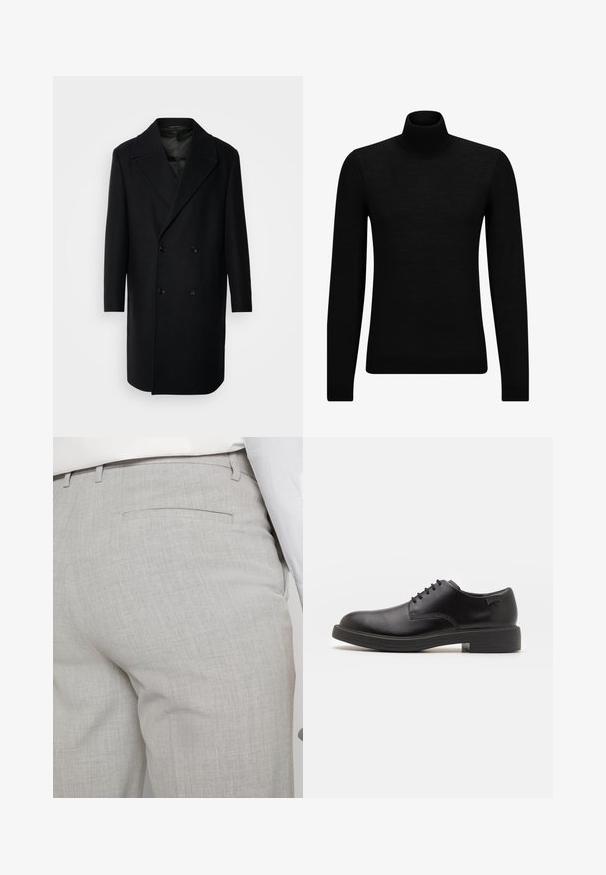 Isaac Dewhirst OVERSIZED COAT - Klasický kabát - black; Čierny rolák vyrobený z jemného materiálu, s dlhými rukávmi a tesným strihom. Hranatý lem a manžety s ribbed úpravou. Jednoduchý dizajn.; Svetlosivé nohavice na mieru vyrobené zo štruktúrovanej látky, s jedným zadným vreckom a čistým prešívaním.; Čierne kožené šnurovacie topánky s okrúhlou špičkou, hladkým povrchom, minimálnym prešívaním a nízkym gumovým podpätkom. Logo na podpätku.