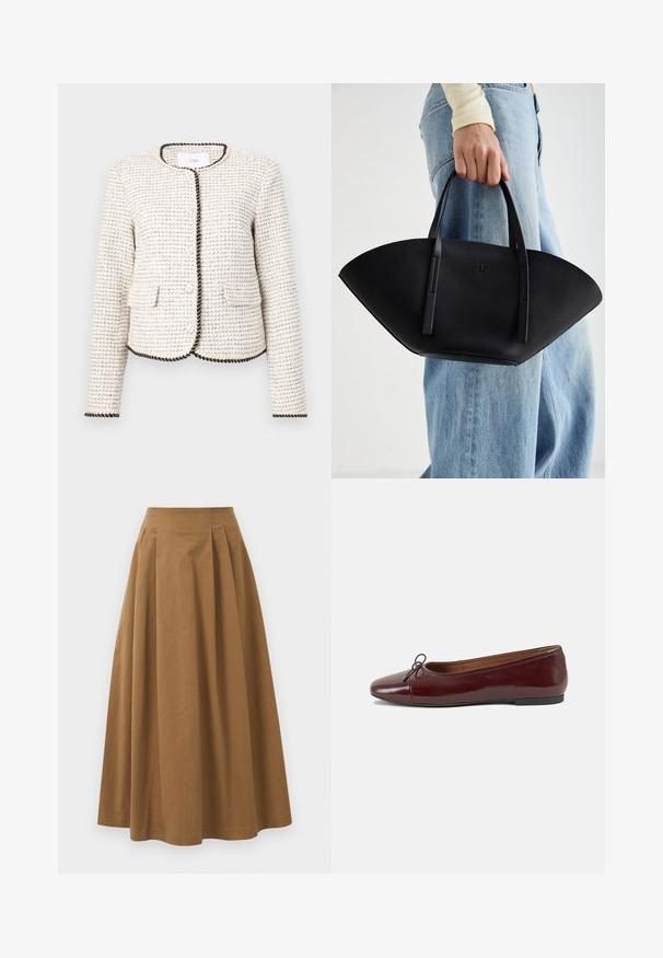 Witte textuurjasje met een geweven patroon, voorzien van zwarte randen langs de randen en twee voorkeurszakken. Ronde halslijn, lange mouwen.; Witte overhemd met knopen van glad katoen, met een klassieke kraag, lange mouwen en een afgeronde zoom. De knopen zijn klein en wit.; Bruine katoen A-lijn rok met een hoge taille, voorzien van plooien aan de voorkant en een gladde textuur. De zoomafwerking is schoon en eenvoudig.; Bordeaux gepatenteerd lederen ballerina met een ronde neus, een klein strikaccent aan de voorkant en een lage, zwarte rubberen zool. Glad textuur.; Zwarte leren handtas met een unieke waaier vorm, voorzien van platte handvatten. Het oppervlak heeft een gewelfde textuur en een minimalistisch ontwerp.