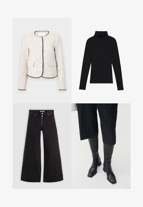Giacca bianca con texture e motivo intrecciato, con rifiniture nere lungo i bordi e due tasche frontali. Collo rotondo, maniche lunghe.; Maglione a collo alto nero a maniche lunghe, realizzato in tessuto a coste, presenta un design aderente con un collo alto e senza motivi o dettagli.; Jeans a gamba larga in denim nero con chiusura a zip, design a cinque tasche e dettagli di cucitura sottili. Texture morbida e stile casual.; Stivali neri in pelle fino al ginocchio con punta quadrata e tacco a blocco. Caratterizzati da una chiusura laterale con zip e una texture liscia.