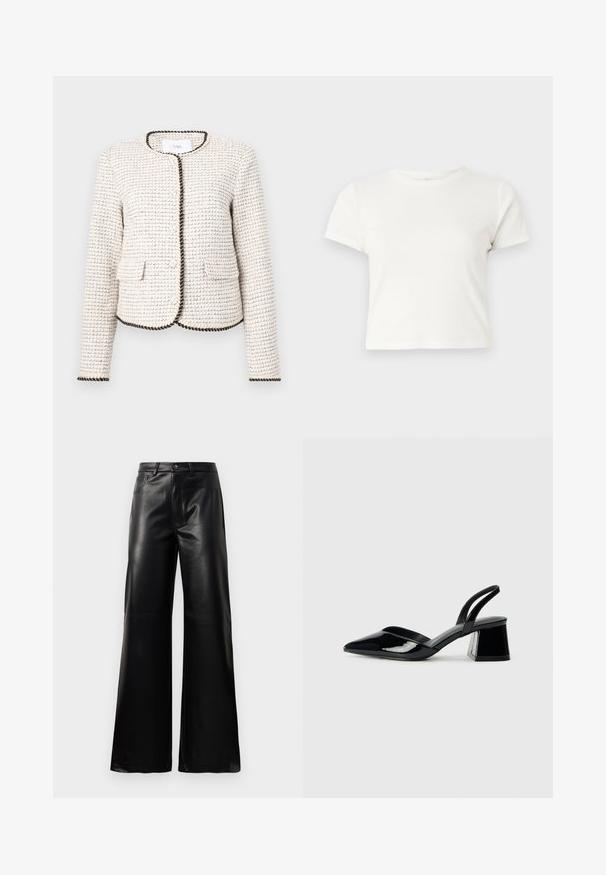 Fehér textúrált dzseki szőtt mintával, fekete szegéllyel az éleken és két elülső zsebbel. Kerek nyakú, hosszú ujjú.; Rövid, fehér, pamut póló, rövid ujjakkal, kerek kivágással és egyenes szegéllyel, sima textúrával és letisztult dizájnnal.; Fekete, magas derekú, széles lábú, műbőr nadrág elülső gombbal, cipzárral, övbújtatókkal és oldalsó zsebekkel, fehér háttérrel.; Fekete lakk bőr szandálkés magas sarkú cipő, hegyes orral és geometrikus tömbsarkakkal. Karcsú, minimalista dizájn és sima textúra jellemzi.