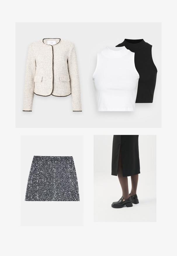 White textured jacket with a woven pattern, featuring black trim along the edges and two front pockets. Round neckline, long sleeves.; Two sleeveless ribbed turtleneck tops in black and white, featuring a fitted design and smooth texture, with cropped length.; Silver sequined mini skirt featuring a textured pattern and a straight cut. The fabric appears shiny and reflective.; Black leather shoes with a rounded toe, thick block heel, and elastic side accents, paired with dark tights and a black skirt with a slit.