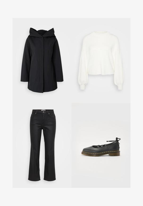 Fekete kapucnis kabát sima anyagból, elülső cipzárral, hosszú ujjal és két oldalsó zsebbel. Egyszerű, minimalista dizájn.; Fehér, rövidített pulóver puha kötött anyagból. Hosszú, puffos ujjakkal rendelkezik, bordás mandzsettákkal és kerek nyakú kialakítással.; Fekete, buggyos farmernadrág, amely gombos elülső záródással, öt zsebbel és sima, kissé fényes textúrával rendelkezik.; Fekete bőr cipő lekerekített orral, alacsony sarokkal, fűzős részletekkel és sárga varrással a talpnál. Simább textúra matt felülettel.
