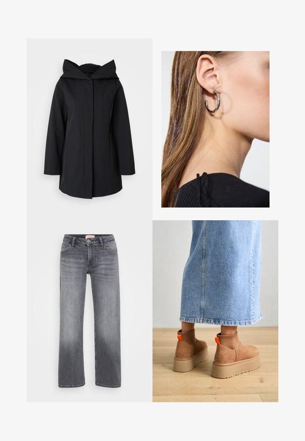 Must rõngastatud kapuutsiga mantel, mis on valmistatud siledast kangast, ees lukuga, pika varrukaga ja kahe külje taskuga. Lihtne, minimalistlik disain.; Even&Odd Petite 2 PACK - Topp - light grey/black; Halli teksad otste kujundusega, viie taskuga stiil, kerge pleekimisega ja nööpkinnipeaga vöökoht.; Pruunid nahatooted platvormikontsad elastsete külgpaneelidega ja oranžide tõmbetuttidega, koos puusani ulatuva heleda denim-seelikuga puidust põrandal.; Hõbedane rõngas kõrvarõngas poleeritud viimistlusega, millel on väikesed kuldsed aktsendid ja ümmargune kuju, kantud lobus.