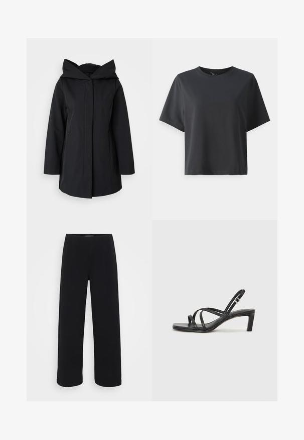 Black hooded coat made from smooth fabric, featuring a front zipper, long sleeves, and two side pockets. Simple, minimalist design.; Black cotton t-shirt, short sleeves, crew neck, relaxed fit, smooth texture, simple design, no patterns or accents.; Black wide-leg pants with an elastic waistband. Made from a textured material, featuring a loose fit and straight cut from hips to hem.; Black strappy sandal with a square toe and a low block heel. Features multiple thin straps and an adjustable ankle strap. Made of smooth leather.