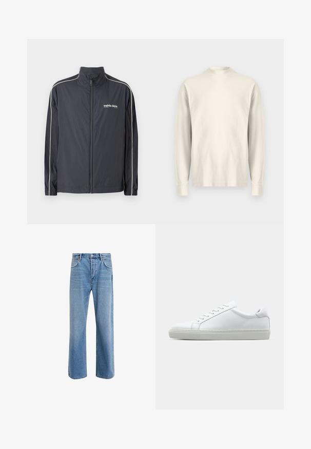 Calvin Klein Jeans Lehká bunda - ebony; Halenka s dlouhým rukávem a stojáčkem z jemné krémové bavlny. Hladký povrch, volný střih, minimalistický design, bez viditelných vzorů nebo akcentů.; Světle modré džínové kalhoty s rovnými nohavicemi, pěti kapsami, zapínáním na knoflík, minimálním vyblednutím a kontrastním prošitím.; Bílé tenisky s hladkým koženým svrškem a nízkým profilem. Mají zaoblenou špičku, šest nýtů a texturovanou gumovou podrážku.