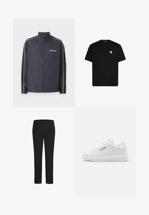 Calvin Klein Jeans Lichte jas - ebony; Zwarte katoenen t-shirt met korte mouwen, ronde halslijn en een kleine witte hartafbeelding op de linkerkant van de borst.; Zwarte broek met een elastische tailleband, met een rechtvallend ontwerp en opgerolde manchetten. Gemaakt van glad, geweven stof zonder patronen.; Witte sneaker van glad leer met een reliëfpatroon. Heeft een ronde neus, vetersluiting aan de voorkant, en een textuurzool. Zilveren logo detail aan de zijkant.