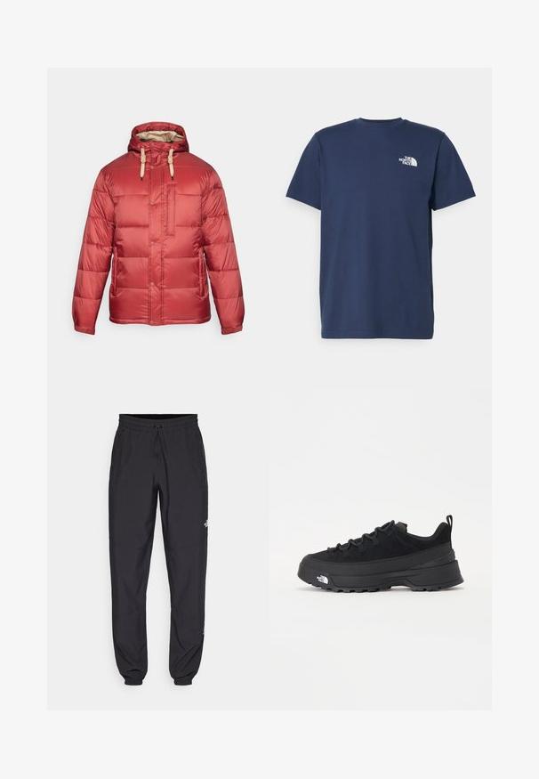 Sarkans pūkains jaka ar izšūtu dizainu, kapuci un gaiši brūniem auklām. Iekļauj pogas un priekšējo kabatu; gluda, spīdīga tekstūra.; Tumši zila kokvilnas T-kreklā ar īsām piedurknēm un apaļu kakla izgriezumu. Ar mazu balto logotipu kreisajā krūtī. Gluda tekstūra.; Melni sporta bikses, kas izgatavotas no viegla auduma, ar savelcamu jostu, sānu kabatām un sašaurinātiem apakšējiem galiem pie potītēm.; Melni āra sporta apavi ar zamšādas virsu, teksturētu gumijas zoli un izturīgu auklu sistēmu. Iezīmēts ar pastiprinātu papēdi un zīmola logo sānu daļā.