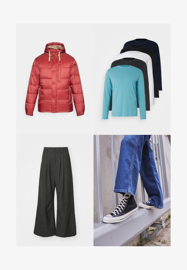 Sarkans pūkains jaka ar izšūtu dizainu, kapuci un gaiši brūniem auklām. Iekļauj pogas un priekšējo kabatu; gluda, spīdīga tekstūra.; Pieci garie piedurkņu T-krekli rindā: tirkīza, melna, balta, tumši pelēka un jūras zila. Mīksts audums ar apaļu kakla izgriezumu un standarta piegriezumu.; Jaded London GOLIATH TROUSER UNISEX - Auduma bikses - grey; Melnas augstas kedas ar baltu zoli un auklām, apvienotas ar brīvām zilām džinsām, atpūšoties uz pelēka margotā balsta.
