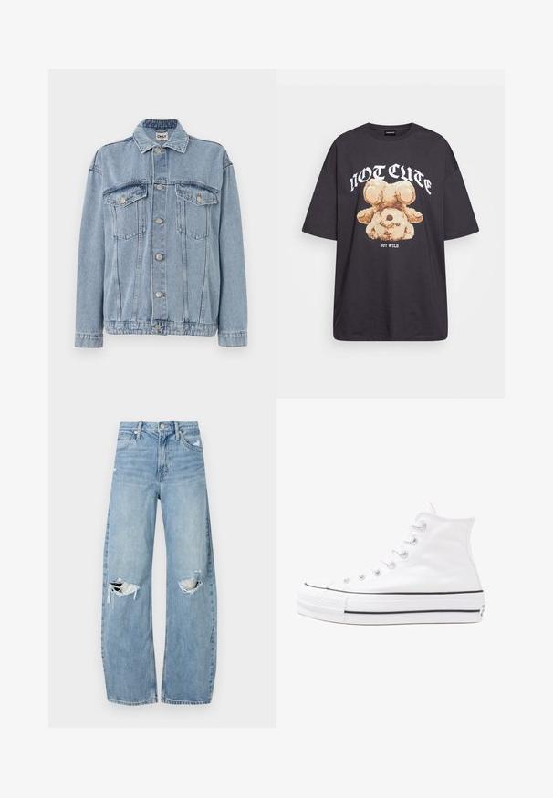 Light blue denim jacket featuring a button-up front, two chest pockets, and a classic collar. Textured fabric with visible stitching details.; Black oversized t-shirt featuring a graphic of a bear with the text “NOT CUTE BUT WILD” in bold, white lettering. Cotton material.; Light blue, high-waisted jeans made of denim. Feature wide legs, two torn knee areas, and classic five-pocket styling.; White high-top canvas sneaker with black rubber sole, front rubber toe cap, and six eyelets for laces, featuring a clean, minimalist design.