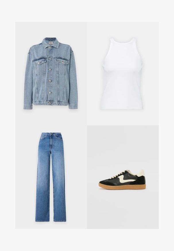 Világoskék farmerdzseki, gombos elülső résszel, két mellzsebbel és klasszikus gallérral. Texturált anyag, jól látható varrási részletekkel.; Fehér ujjatlan trikó ribbed anyagból, lekerekített nyakkivágással és testhez simuló siluettel, minimális varrásokkal és díszítések nélkül.; Világoskék, széles szárú farmernadrág, magas derékkal, elülső zsebekkel és normál gombos záródással. Sima felület.; Fekete velúr és bőr sneaker, krém színű oldalsó swoosh-sal és világos krém színű sarokkal. Beigézett fűzőkkel és gumi talppal rendelkezik.