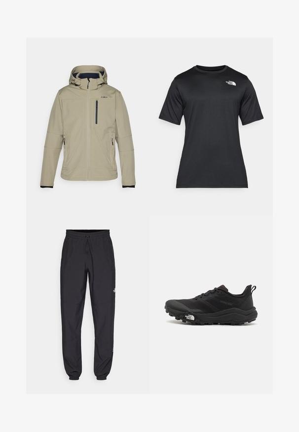 Beige softshell jacket with a hood, featuring a front zipper, chest pocket, and side pockets, made of lightweight, water-resistant fabric.; Black short-sleeve t-shirt made of lightweight, moisture-wicking fabric. Features a white logo on the left chest and a crew neckline.; Black athletic pants made from lightweight fabric, featuring a drawstring waistband, side pockets, and tapered cuffs at the ankles.; Black trail running shoe with a textured upper, rubber sole, and reinforced toe cap. Features a padded collar and pull tab for easy wear.