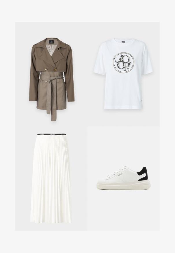 Khaki dubbelzijdige jas met een cropped ontwerp, lange mouwen en een ceintuur taille. Kenmerkt zich door grote knopen en een soepele stoftextuur.; Witte katoenen t-shirt met een ronde grafische logo in een zwart en grijs dierenprint ontwerp. Korte mouwen en een relaxte fit.; Plisséminirok in het wit met een zwarte elastische tailleband met het "LACOSTE"-logo. Middellange ontwerp met een zachte textuur.; Witte leren sneakers met een dikke witte zool, zwarte suède hielaccent en een geperst logo op de zijkant. Vetersluiting met zes oogjes.