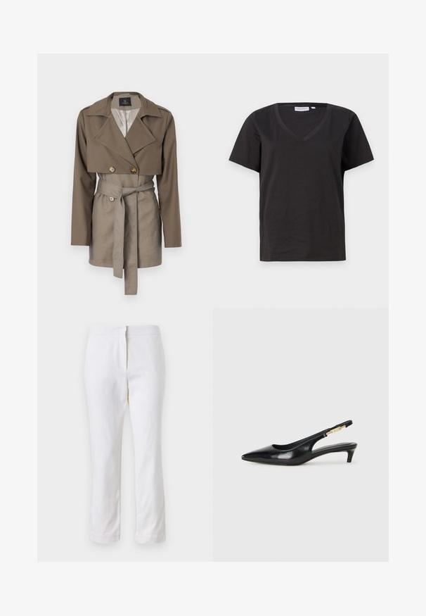 Kaki divreizējs žakets ar īsu dizainu, garām piedurknēm un jostas akcentu. Iezīmējas ar lieliem pogām un gludu auduma tekstūru.; Melnas kokvilnas T-krekls ar V veida kakla izgriezumu un īsām piedurknēm. Vienkāršs dizains ar regulāru piegriezumu un bez rakstiem vai akcentiem.; Baltas kokvilnas bikses ar taisnu kāju dizainu, ar vidēju augstumu un bez redzamām detaļām vai rakstiem. Visā virsmā ir gluda tekstūra.; Melnas ādas slingback zābaki ar smailu purngalu, ar šauru papēdi un zelta krāsas akcentu uz regulējama siksniņas. Gluda tekstūra.