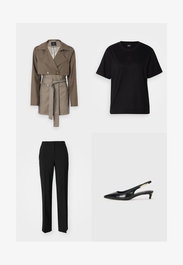 Kaki dvigubos sagos švarkas su trumpa apykakle, ilgomis rankovėmis ir dirželio juosmeniu. Yra didelės sagos ir lygaus audinio tekstūra.; Juodas medvilninis marškinėliai su apvalia iškirpte, trumpomis rankovėmis ir siuvinėjimu ant krūtinės. Paprastas, laisvas siluetas be raštų.; Juodi pritaikyti kelnių modeliai su tiesiomis kojomis, pasižyminčios lygiomis tekstūromis ir ryškiomis klostėmis priekyje. Nėra matomų detalių.; Juodas odinis pavasario batelių modelis su smailiu nosiu, turintis siaurą kulniuką ir auksinės spalvos akcentu reguliuojamoje juostoje. Lygi tekstūra.