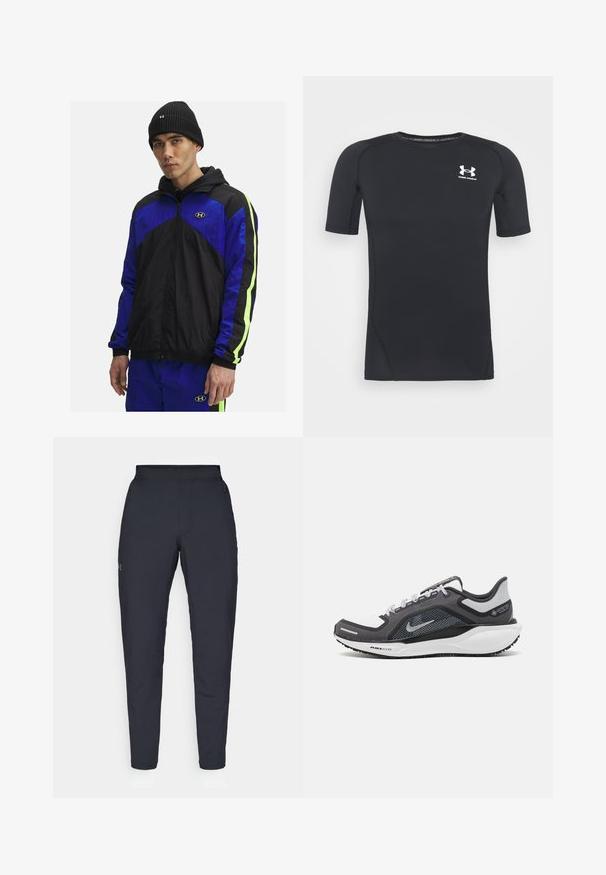 Black and blue windbreaker with hood, featuring neon green accents on the sleeves, made from lightweight fabric. Includes front zipper and logo.; Black short-sleeve athletic shirt made of moisture-wicking, stretchy fabric. Features a round neckline and a small white logo on the chest.; Black athletic pants with a smooth texture, slim fit, elastic waistband, and side pockets. Features a small logo on the left thigh.; Black and gray athletic shoe with a mesh upper, reflective accents, and a white midsole. Features textured rubber outsole and laces.