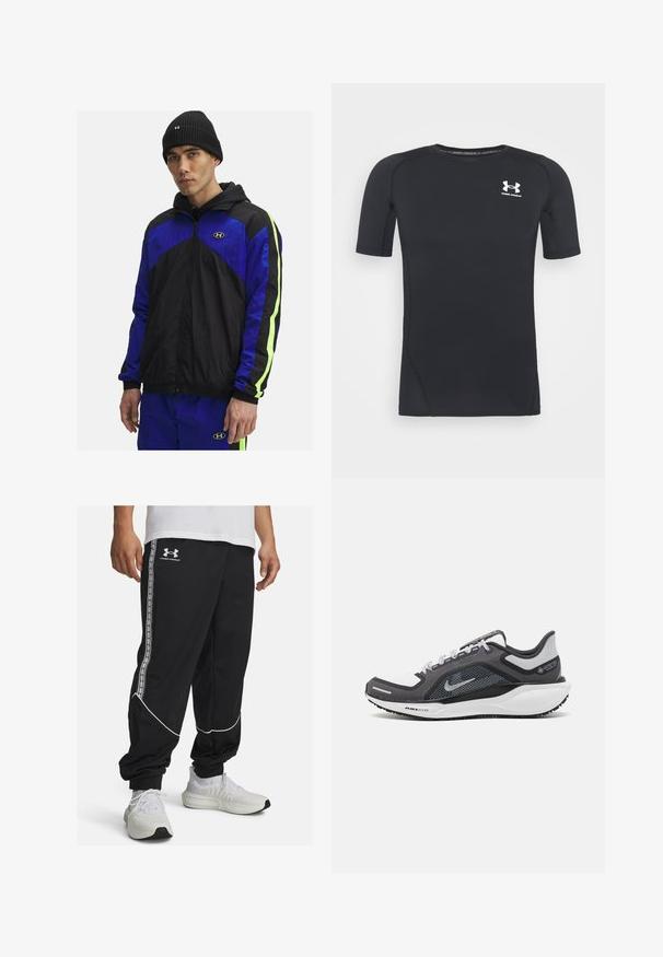 Mustikkasininen tuulipuku, jossa on huppu ja neonvihreät yksityiskohdat hihoissa, valmistettu kevyestä kankaasta. Mukana etuvetoketju ja logo.; Musta lyhythihainen urheilupaita, joka on valmistettu kosteutta siirtävästä, joustavasta kankaasta. Paidassa on pyöreä pääntie ja pieni valkoinen logo rinnassa.; Mustat urheilushortsit sileästä kankaasta, joissa on valkoiset saumat ja sivunauhat logolla. Kapeat mitat ja joustavat hihnat nilkoissa.; Musta ja harmaa urheilukenka, jossa on verkkopäällinen, heijastavat yksityiskohdat ja valkoinen välipohja. Varustettu kuvioidulla kumipohjalla ja nauhoilla.