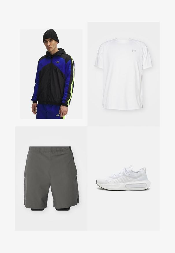Schwarze und blaue Windjacke mit Kapuze, ausgestattet mit neongrünen Akzenten an den Ärmeln, aus leichtem Stoff gefertigt. Mit Frontreißverschluss und Logo.; Weißes kurzärmeliges Sportshirt aus glattem Material. Mit Rundhalsausschnitt und grauem Logo auf der linken Brust, sowie seitlichen Schlitzen am Saum.; Graue Sportshorts aus glattem, leichtem Stoff mit einem elastischen Bund, ausgestattet mit inneren Kompressionsshorts und Seitentaschen.; Weißer Sportschuh mit einem strukturierten Strick-Obermaterial, Schnürverschluss, gepolsterter Sohle und einem markanten Branding-Detail an der Seite.
