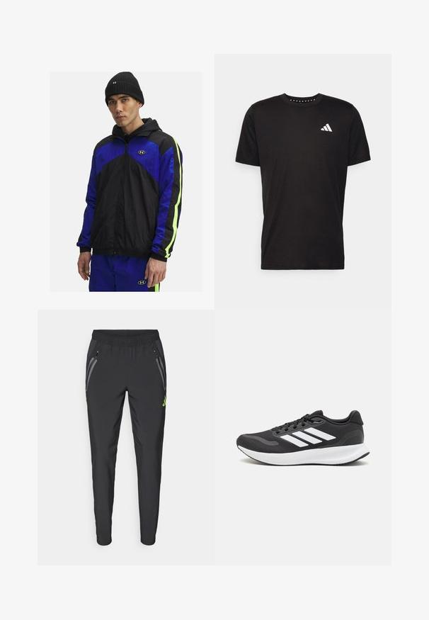 Melnas un zilas vējjaka ar kapuci, ar neona zaļiem akcentiem uz piedurknēm, izgatavota no viegla auduma. Ietver priekšējo rāvējslēdzēju un logo.; Melna kokvilnas t-krekls ar īsām piedurknēm, apaļu dekoltē un balto logo uz kreisā krūts. Gluda tekstūra un vienkāršs dizains.; adidas Performance REAL MADRID TIRO25 PRO VIS TECH TRAVEL PANT - Kluba apģērbs - black/lucid lemon; Melnas sporta kurpes ar elpojošu acs augšu, baltām akcentiem un mīkstu zoli. Sānā ir trīs svītru logo.