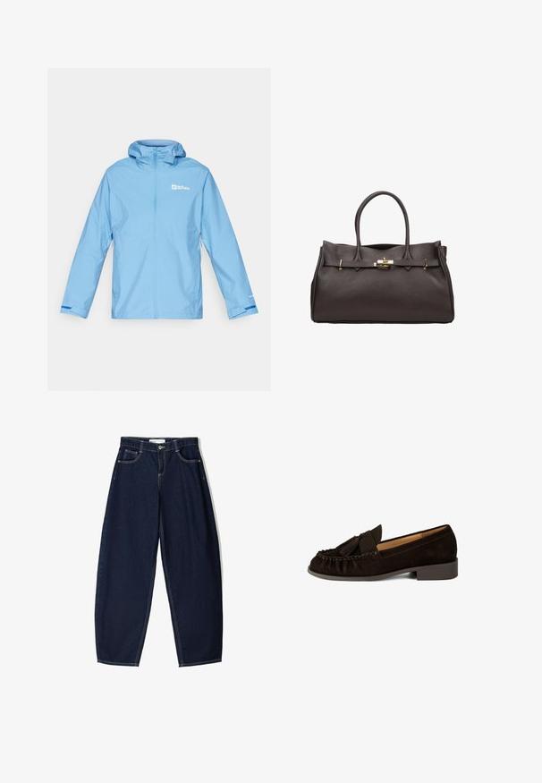 Světle modrá voděodolná bunda s kapucí, plným předním zipem, elastickými manžetami a logem na hrudi a rukávu. Hladká textura.; Massimo Dutti STRIPED WITH REMOVABLE BANDANA - Svetr - beige; Tmavě modré džíny s volným střihem, které mají pět kapes, kontrastní švy a přední zip.; Hnědé nubukové mokasíny s kulatou špičkou, sklady a malým třásním jako ozdobou. Mají nízký, mírně zvýšený podpatek.; ESTRO DUŻA Z WŁOSKIEJ - Kabelka - dark brown