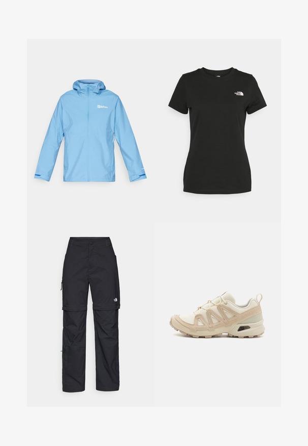 Lys blå vandtæt jakke med hætte, fuld frontlynlås, elastiske manchetter og logo-detaljer på brystet og ærmet. Glat tekstur.; Sort bomulds T-shirt med rund halsudskæring og korte ærmer. Bemærkelsesværdig hvid logo på øverste venstre side. Glat tekstur, afslappet pasform.; Sorte nylon cargo bukser med lynlås, justerbare manchetter, flere lommer og et logo på højre ben. Glat, let tekstur.; Beige og creme atletiksko med struktureret mesh-overdel, støttende overlays og gummiyderside med et mønster for trækkraft.