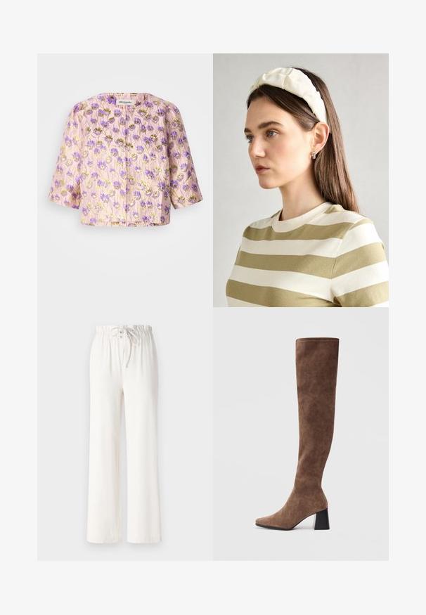 Kraisa krekls no caurspīdīga auduma gaiši rozā krāsā ar purpursarkaniem un zelta ziedu rakstiem, ar brīvu, kvadrātveida piegriezumu un apaļu dekoltē.; Balts īsām piedurknēm T-krekls, kas izgatavots no mīksta kokvilnas. Tam ir apaļš izgriezums un brīvs piegriezums. Tīrs dizains bez redzamām rakstiem vai akcentiem.; Baltas platās bikses, izgatavotas no mīkstas auduma, ar punktu jostas vietā un gludu tekstūru. Nav redzami raksti vai rotājumi.; Brūni virsceļgala zābaki, kas izgatavoti no mīkstas zamša, ar iegarenu pirkstu un masīlu melnu papēdi. Dizains ietver bezšuvju šuvju, lai radītu elegantu izskatu.; Krēma krāsas pildīta galvassega ar uztinuma dizainu, apvienota ar bēša un baltā svītrainā krekla ar apaļu izgriezumu. Smalkas rotaslietas akcenti.