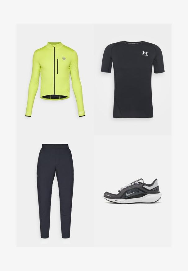 Fietsshirt met lange mouwen in fel limoen groen, met een rits aan de voorkant, een klein borstzakje en zwarte accenten op de manchetten en de zoom.; Zwart sportshirt met korte mouwen, gemaakt van vochtafvoerend, rekbaar materiaal. Heeft een ronde halslijn en een klein wit logo op de borst.; Zwarte sportbroeken met een gladde textuur, slanke pasvorm, elastische tailleband en zijzakken. Bevat een klein logo op het linkerdij.; Zwarte en grijze sportschoen met een bovenwerk van mesh, reflecterende accenten en een witte tussenzool. Beschikt over een gestructureerde rubberen zool en veters.