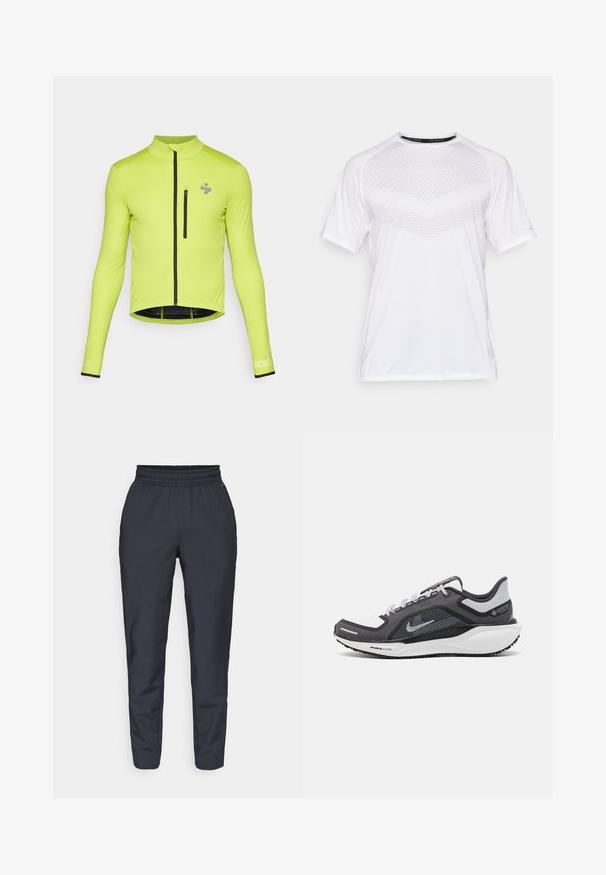 Garā piedurkņu riteņbraukšanas jaka spilgti limonādes krāsā, ar priekšējo rāvējslēdzēju, mazu krūšu kabatu un melniem akcentiem pie aprocēm un apakšmalas.; Balta īsām piedurknēm sporta krekls ar teksturētu ģeometrisku rakstu uz priekšpuses, izgatavots no viegla auduma, ar apaļu kakla izgriezumu un brīvu piegriezumu.; Jūras spēku šauras bikses, izgatavotas no mīksta auduma, ar elastīgu jostu, sānu kabatām un gludu tekstūru ar smalkiem šuvumu papildinājumiem.; Melnas un pelēkas sporta kurpes ar tīklu augšdaļu, atstarojošiem akcentiem un baltu starpzoli. Aprīkotas ar teksturētu gumijas zoli un šņorēm.