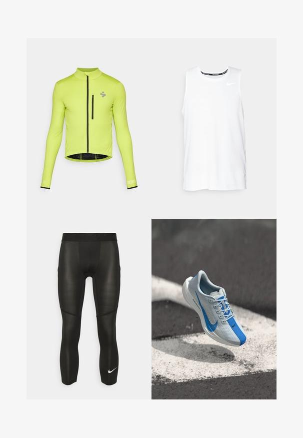 Giacca da ciclismo a maniche lunghe di un vivace verde lime, con zip frontale, una piccola tasca sul petto e dettagli neri sui polsini e sull'orlo.; Top da corsa Nike senza maniche di colore bianco, con scollo rotondo, texture liscia e logo Nike nero sulla parte superiore sinistra del petto.; Leggings neri sportivi con un design aderente, realizzati in materiale elastico, dotati di una cintura larga e di un piccolo logo Nike bianco nella parte inferiore.; Scarpe da corsa Nike ZoomX bianche e blu sospese sopra l'asfalto nero con una linea bianca dipinta e particelle di terra sparse.