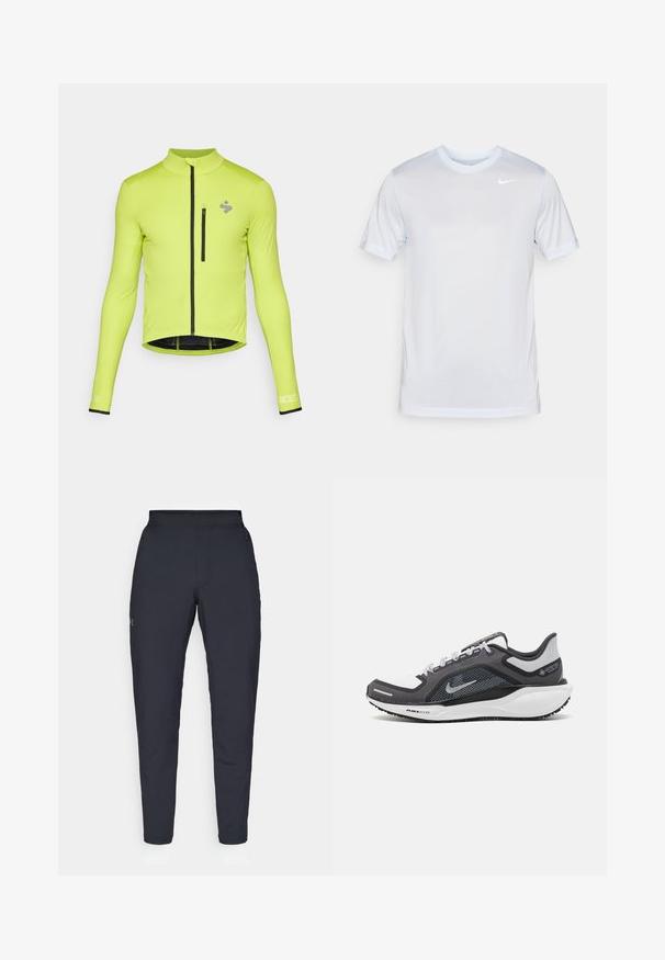Langermet sykkeljakke i lys limegrønn, med glidelås foran, en liten brystlomme, og svarte detaljer på mansjettene og nederkanten.; Nike Performance TEE NEW VENEER - T-skjorte til trening - football grey/pure/white; Sorte treningbukser med glatt tekstur, smal passform, elastisk midjebånd og sidelommer. Har en liten logo på venstre lår.; Svart og grå atletisk sko med mesh-overdel, refleksdetaljer og hvit mellomsåle. Har strukturert gummisåle og lisser.