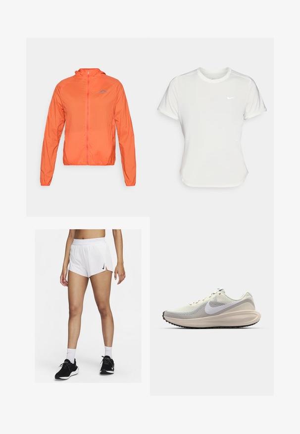 Oranz läkker kergi jakk, millel on kapuuts, täispikkus visiir ja elastsed mansetid. Vasakul rinnal on sinine logo.; Nike T-särk valgetes toonides, lühikeste varrukatega, ümar kaelus, valmistatud siledast ja kergest kangast. Rinnal on peene logo.; Valged spordipüksid soonilise vöökohaga, külgmiste lõhikute ja musta Nike logoga. Kandmiseks koos mustade spordijalatsite ja valgete sportlike sokkidega.; Kergedreid kergelt hallist meshist pealmine osa, valge Nike tikand, pehme vahekiht, voolujooneline kuju ning must kummist välispohjaga, millel on mustriga haardetäpid.