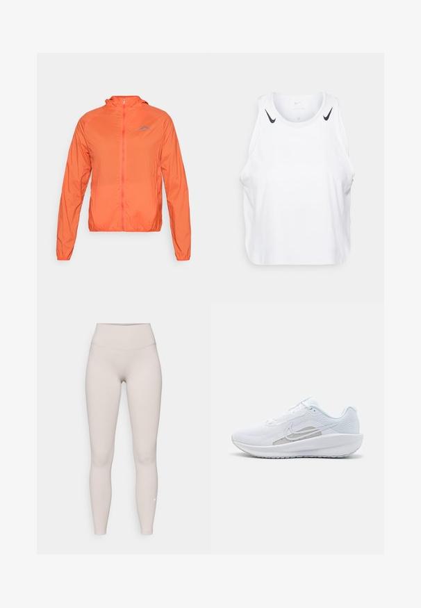 Oranje lichtgewicht jas met capuchon, volledige ritssluiting en elastische manchetten. Bevat een blauw logo op de linkerkant van de borst.; Witte mouwloze tanktop van lichtgewicht stof, met zwarte Nike-logo accenten op de schouders, een ronde halslijn en een relaxte pasvorm.; Beige high-waisted leggings gemaakt van zacht, rekbaar materiaal, met een gladde textuur en een klein wit logo vlakbij de enkel.; Witte sportieve schoen met een bovenwerk van mesh, ronde neus en een textuurzool. Beschikt over een zilveren Nike swoosh en een minimalistisch ontwerp.