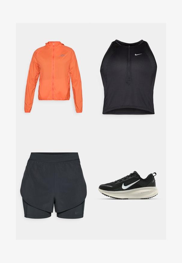 Oransje lett jakke med hette, hel glidelås og elastiske mansjetter. Har en blålogo på venstre brystområde.; Svart idretts crop top med glidelås foran, mesh-detaljer og en figurvennlig design. Laget av elastisk, pustende materiale. Nike-logo på forsiden.; Svart idrettsshorts med lagdelt design, som har et glatt ytre lag og tettsittende indre shorts. Laget av lett, elastisk stoff.; Svart Nike løpesko med pustende mesh-overdel, hvit swoosh-logo, teksturert detaljer og en kremfarget ZoomX mellomsåle.