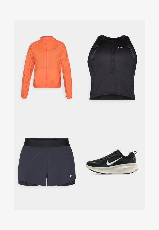 Oranžová ľahká bunda s kapucňou, plným zipsom a elastickými manžetami. Obsahuje modré logo na ľavej strane hrude.; Čierny športový crop top so zipsom vpredu, sieťovými prvkami a priliehavým strihom. Vyrobený z pružného, priedušného materiálu. Logo Nike na prednej strane.; Čierne športové šortky s elastickým pásom, ktoré majú vrstvený dizajn a malú bielu aplikáciu loga Nike v dolnom ľavom rohu. Ľahký materiál.; Čierne bežecké topánky Nike s priedušnou sieťovinou, bielym logom s symbolom swoosh, textúrovanými detailmi a krémovou ZoomX medzipodrážkou.