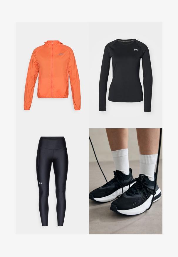 Pomarańczowa lekka kurtka z kapturem, z pełnym zapięciem na zamek i elastycznymi mankietami. Posiada niebieskie logo w lewym obszarze klatki piersiowej.; Czarna, długosleeve'owa koszulka sportowa z gładkiego materiału, z okrągłym dekoltem i małym białym logo na lewej piersi.; Czarne legginsy wykonane z gładkiego, elastycznego materiału z wysokim stanem. Posiadają białe logo na lewym udzie oraz dopasowany krój.; Czarne buty sportowe z teksturowanym materiałem, białą podeszwą i czarnymi sznurowadłami. Nosi je osoba w białych skarpetkach w prążki, stojąca na jasnej powierzchni.