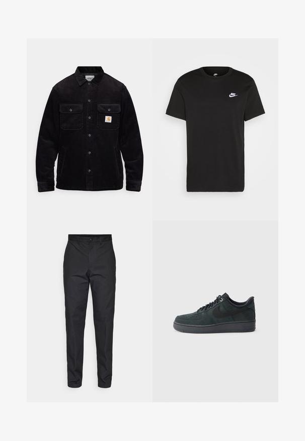 Schwarze Cordjacke mit zwei Brusttaschen mit Klappen, einem Knopfverschluss und einem Logopatch auf der linken Tasche. Strukturierter Stoff.; Schwarzes Baumwoll-T-Shirt mit kurzen Ärmeln, Rundhals und kleinem weißem Nike-Logo auf der oberen linken Brust. Glatte Textur. Klassische Passform.; Schwarze Hose aus einem glatten Stoff, mit geradem Schnitt, Knopfverschluss und standartmäßigen Taschen. Keine sichtbaren Muster oder Akzente.; Nike Air Force 1 Sneakers aus dunkelgrünem Wildleder mit schwarzen Akzenten, strukturiertem Obermaterial, runder Zehenpartie und Gummisohle. Mit Schnürverschluss.