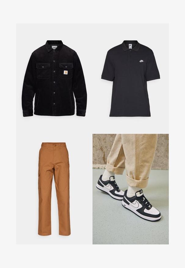 Black corduroy jacket featuring two chest pockets with flaps, a button closure, and a logo patch on the left pocket. Textured fabric.; Black polo shirt made of cotton, featuring a two-button placket, short sleeves, and a white Nike logo on the left chest.; Brown cargo pants in a textured cotton blend, featuring a straight leg design, two side pockets, and a button closure at the waist.; Black and white Nike Air Force 1 sneakers with a leather upper, perforated toe, and textured sole detail, worn with rolled beige pants and white socks.