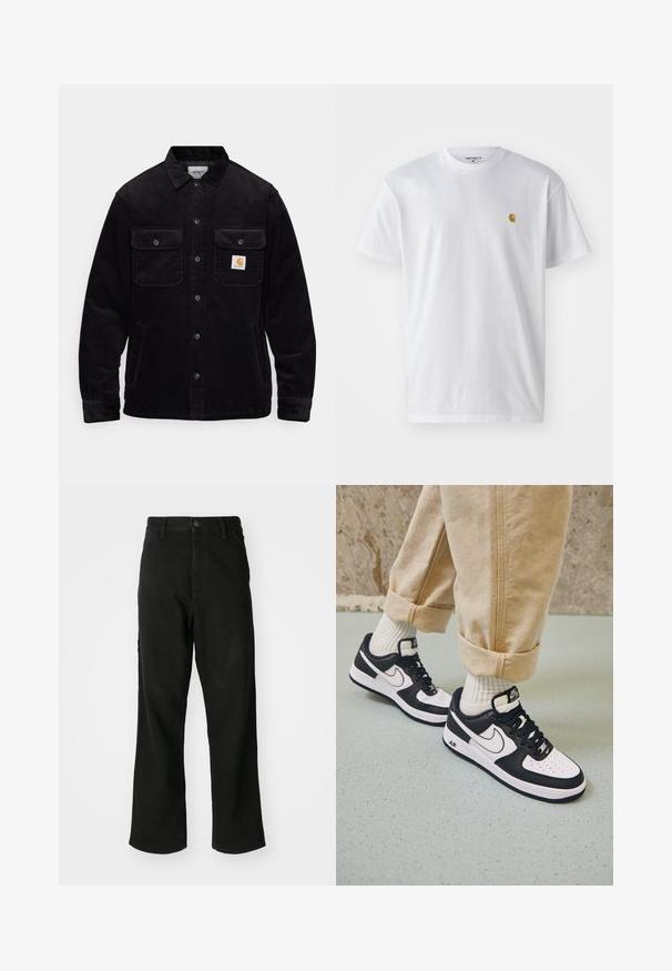 Black corduroy jacket featuring two chest pockets with flaps, a button closure, and a logo patch on the left pocket. Textured fabric.; White cotton t-shirt with short sleeves, crew neck, featuring a small gold logo on the left chest area. Soft texture and regular fit.; Black, wide-leg pants made of denim, featuring a front button closure, belt loops, and two side pockets with a smooth texture.; Black and white Nike Air Force 1 sneakers with a leather upper, perforated toe, and textured sole detail, worn with rolled beige pants and white socks.
